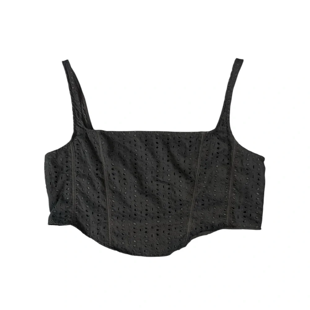 PrettyLittleThing NEW Broderie Anglaise Corset Black 22 Plus Eyelet Cottagecore - Picture 1 of 9